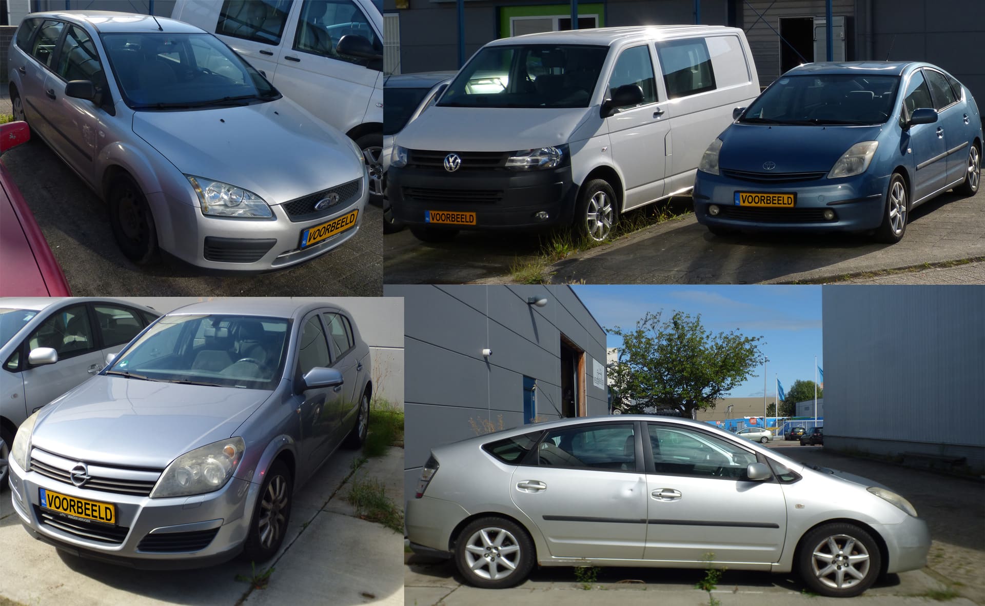 Vier foto’s van leaseauto’s naast elkaar: een stationwagen, een bestelbus, twee hybride hatchbacks en een auto langs het pand, allemaal met een voorbeeldkenteken.
